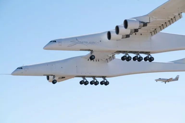 WORLD’S LARGEST PLANE, DESIGNED TO CARRY SATELLITE-LOADED ROCKETS, TAKES OFF FOR 1ST TEST FLIGHT
