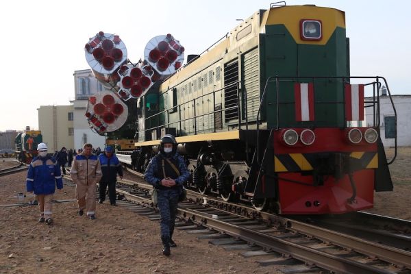 ROCKET FOR NEXT SPACE STATION CREW ARRIVES ON LAUNCH PAD IN KAZAKHSTAN