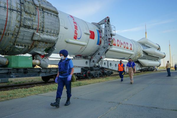 PROTON ROCKET ROLLED OUT FOR LAUNCH WITH TWO RUSSIAN COMMUNICATIONS SATELLITES