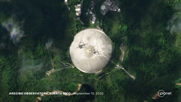 ARECIBO RADIO TELESCOPE, DAMAGED BEYOND REPAIR, SEEN FROM SPACE