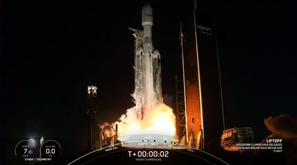 SPACEX LAUNCHES 3 SATELLITES TO ORBIT ON 6TH-EVER FALCON HEAVY MISSION